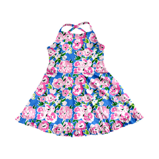 4.9 GSD2284 Baby Girls Blue Strap Colorful Floral Yoga Ruffle Knee Length Dresses Pre order