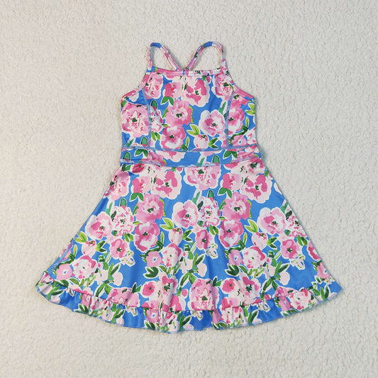 7.8 RTS NO MOQ Summer Baby Girls Dresses GSD2284 Blue Strap Colorful Floral Yoga Ruffle Knee Length Dresses