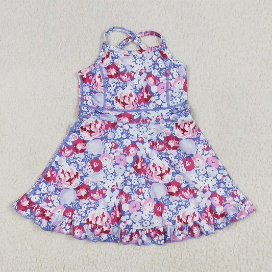6.5 RTS NO MOQ Summer Baby Girls Dresses GSD2285 Lavender Strap Colorful Floral Yoga Ruffle Knee Length Dresses