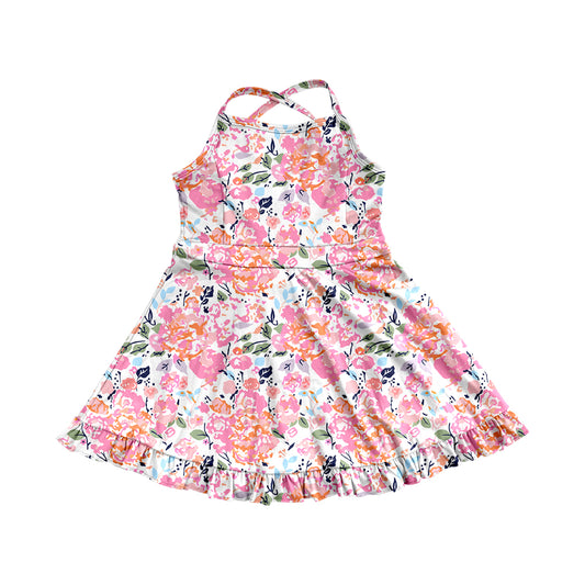 4.9 GSD2286 Baby Girls Peach Strap Watercolor Floral Yoga Ruffle Knee Length Dresses Pre order