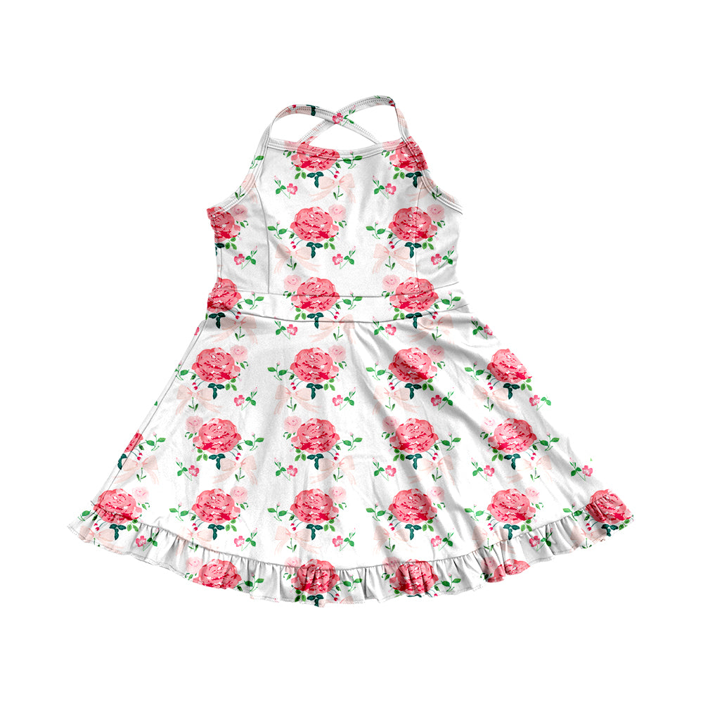 4.9 GSD2287 Baby Girls Strap Floral Stripe Yoga Ruffle Knee Length Dresses Pre order