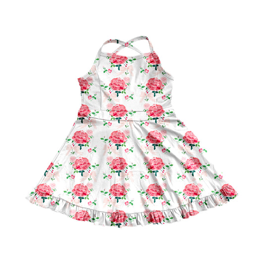4.9 GSD2287 Baby Girls Strap Floral Stripe Yoga Ruffle Knee Length Dresses Pre order