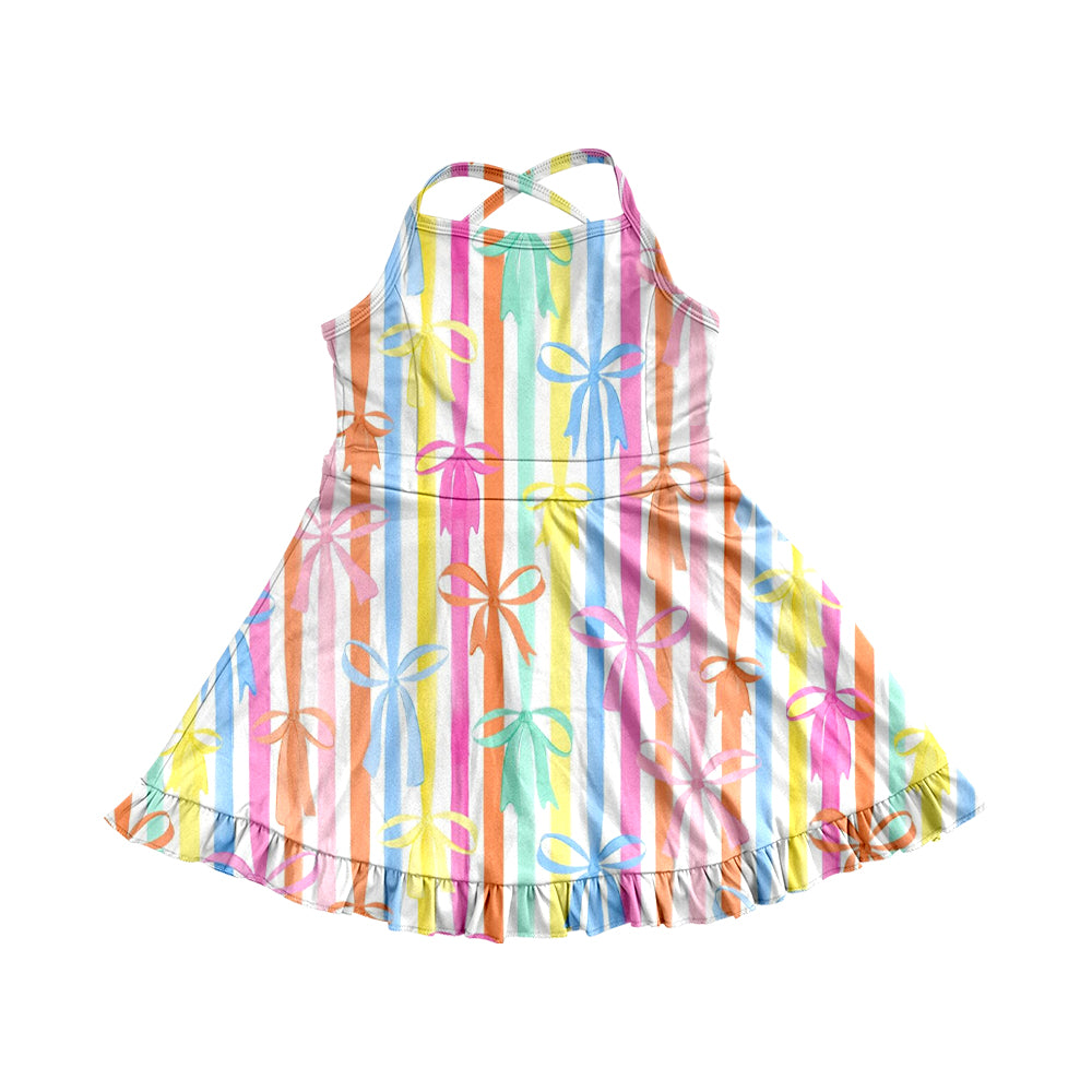 4.9 GSD2288 Baby Girls Strap Colorful Bows Stripe Yoga Ruffle Knee Length Dresses Pre order