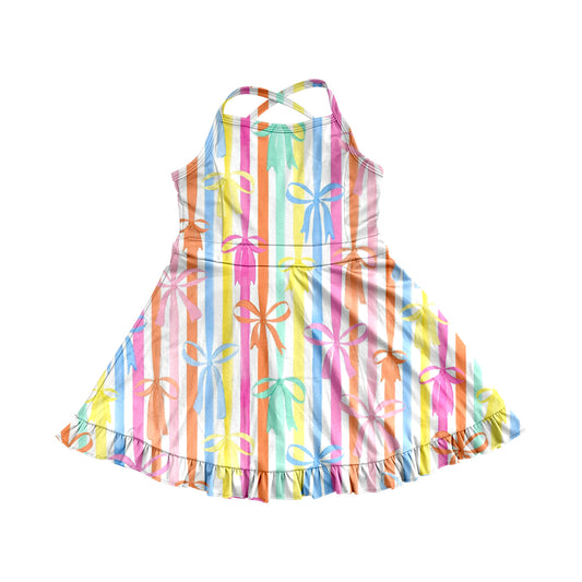 4.9 GSD2288 Baby Girls Strap Colorful Bows Stripe Yoga Ruffle Knee Length Dresses Pre order