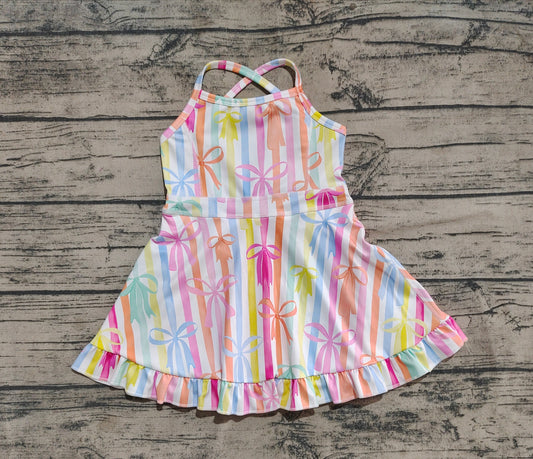 4.19 GSD2288 Baby Girls Strap Colorful Bows Stripe Yoga Ruffle Knee Length Dresses Pre order