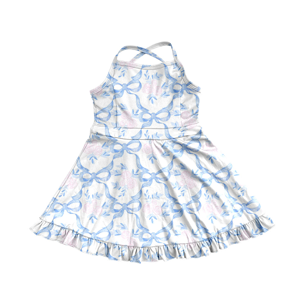 4.9 GSD2290 Baby Girls Strap Blue Bows Floral Yoga Ruffle Knee Length Dresses Pre order