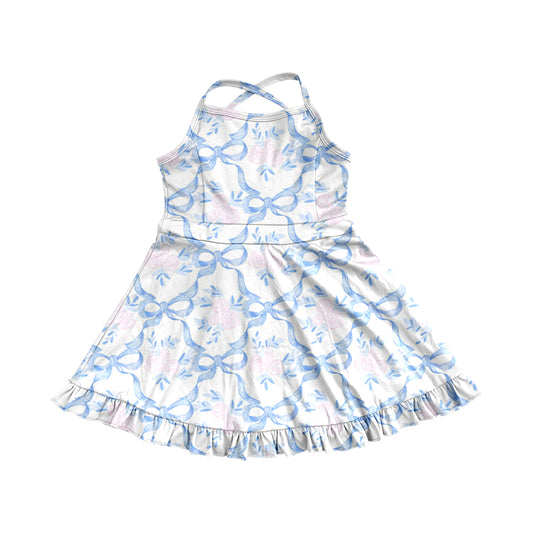 4.9 GSD2290 Baby Girls Strap Blue Bows Floral Yoga Ruffle Knee Length Dresses Pre order