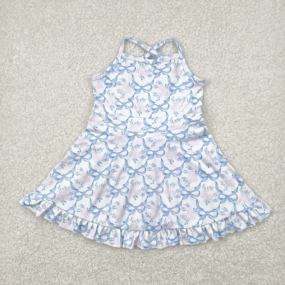 RTS NO MOQ Summer Baby Girls Dresses GSD2290 Strap Blue Bows Floral Yoga Ruffle Athletic Dresses