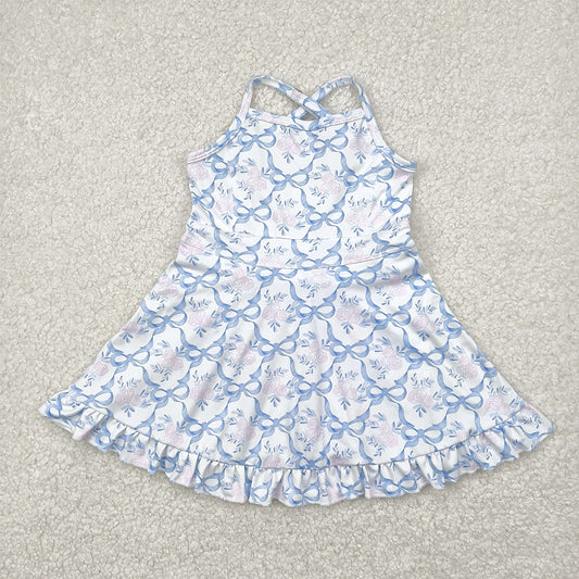 RTS NO MOQ Summer Baby Girls Dresses GSD2290 Strap Blue Bows Floral Yoga Ruffle Athletic Dresses