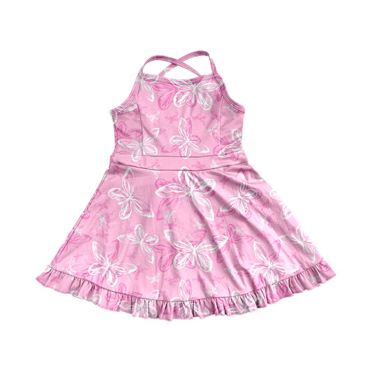 4.9 GSD2292 Baby Girls Pink Strap Butterfly Yoga Ruffle Knee Length Dresses Pre order
