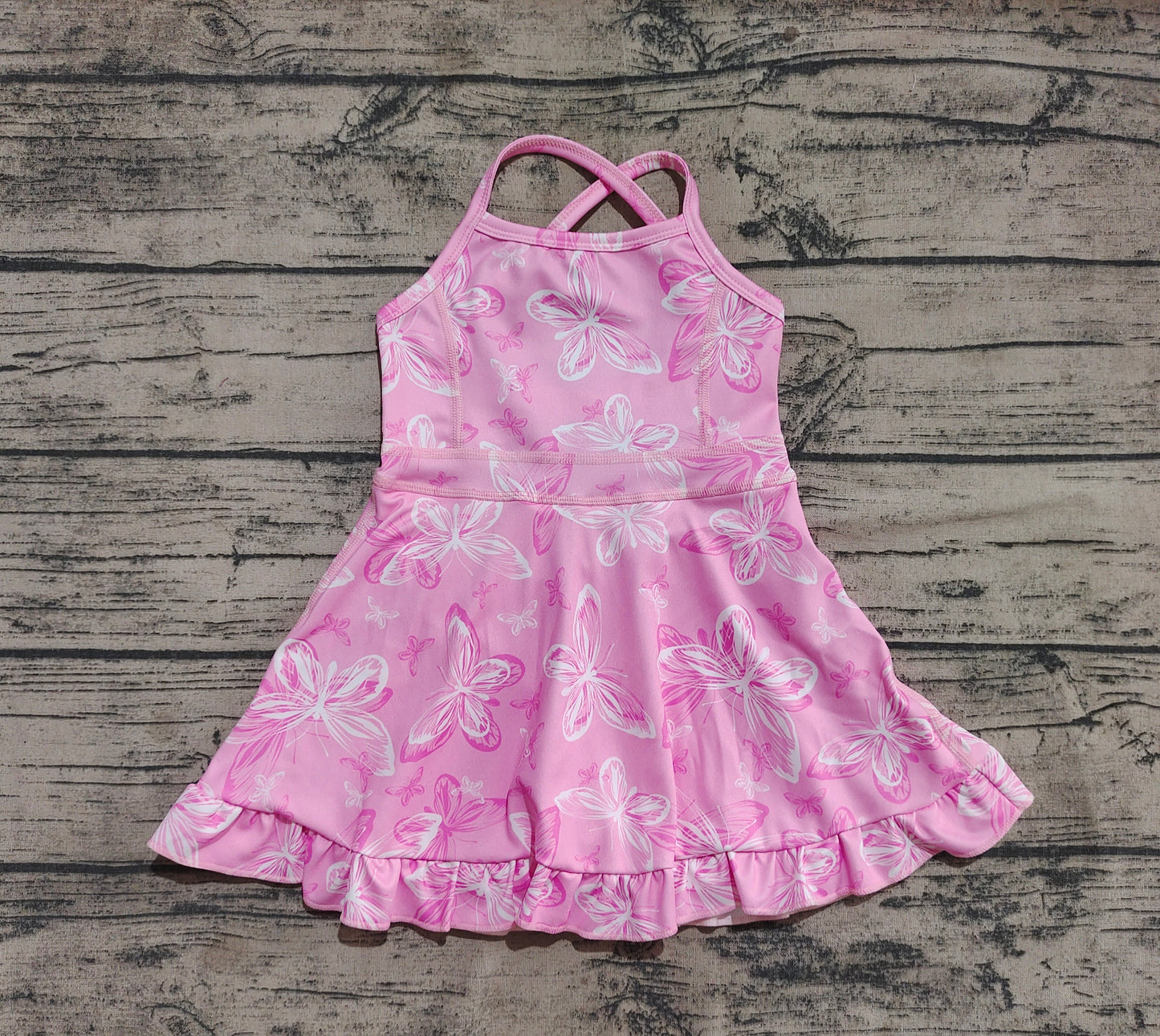 4.19 GSD2292 Baby Girls Pink Strap Butterfly Yoga Ruffle Knee Length Dresses Pre order