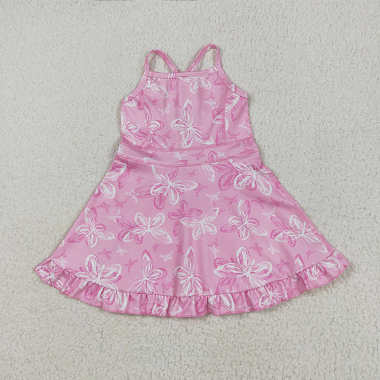5.29  RTS NO MOQ Summer Baby Girls Dresses GSD2292  Pink Strap Butterfly Yoga Ruffle Knee Length Dresses
