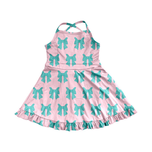 4.9 GSD2293 Baby Girls Pink Strap Green Bows Yoga Ruffle Knee Length Dresses Pre order