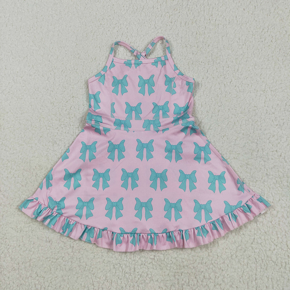 5.29  RTS NO MOQ Summer Baby Girls Dresses GSD2293 Pink Strap Green Bows Yoga Ruffle Knee Length Dresses