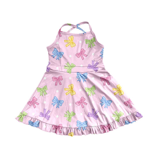 4.9 GSD2294 Baby Girls Pink Strap Colorful Bows Polka Dots Yoga Ruffle Knee Length Dresses Pre order
