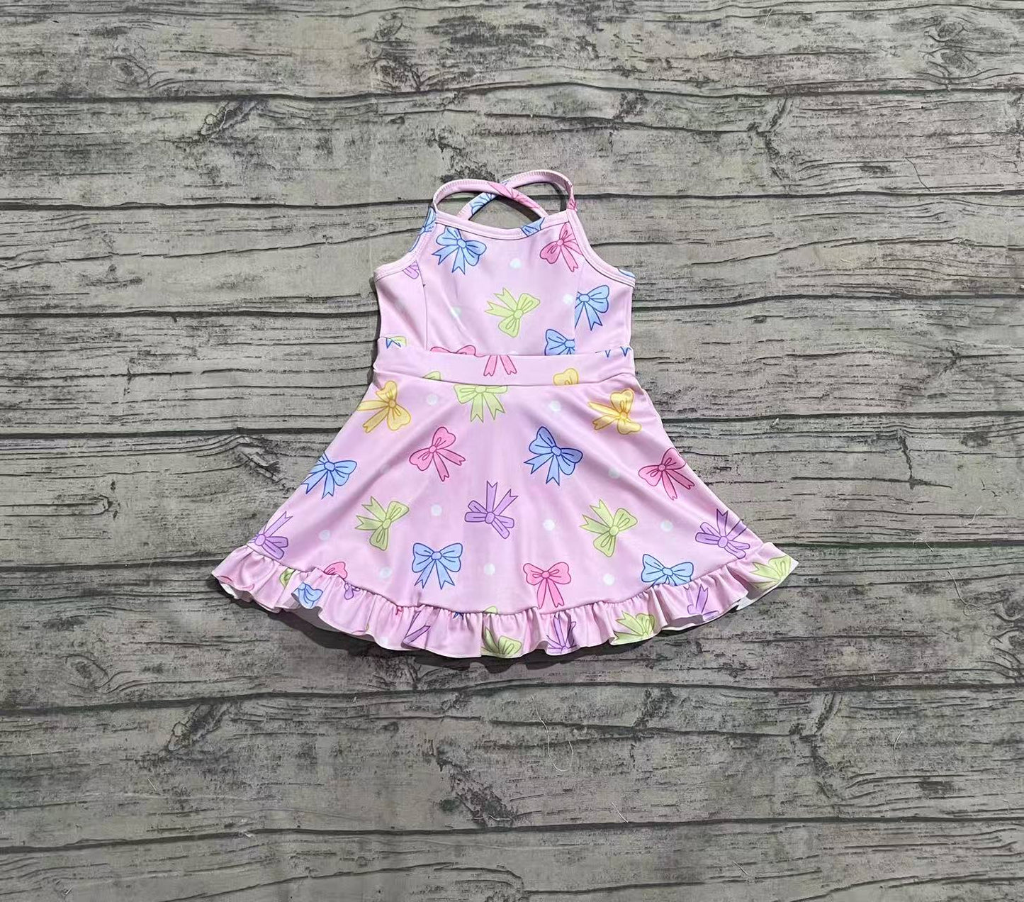 3.29 GSD2294 Pink Bows Baby Girls Strap Yoga Ruffle Knee Length Dresses