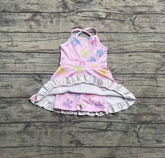 3.29 GSD2294 Pink Bows Baby Girls Strap Yoga Ruffle Knee Length Dresses