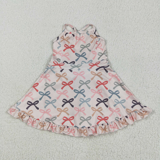 5.14 RTS NO MOQ Summer Baby Girls Dresses GSD2296 Peach Strap Colorful Bows Yoga Ruffle Knee Length Dresses