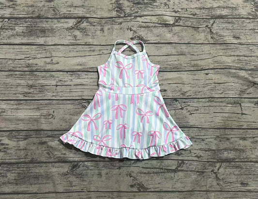 3.29 GSD2297 Stripe Bows Baby Girls Strap Yoga Ruffle Knee Length Dresses