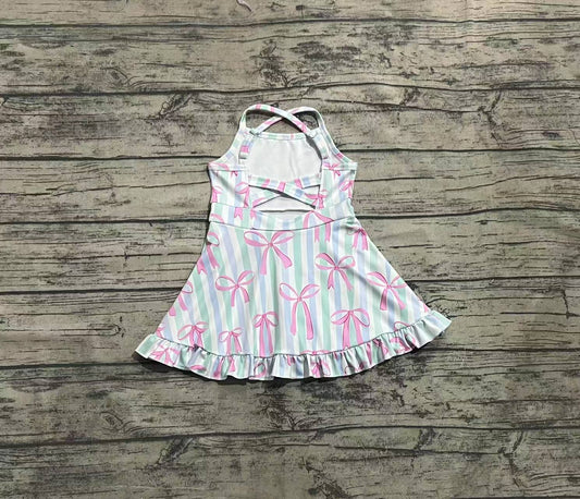 3.29 GSD2297 Stripe Bows Baby Girls Strap Yoga Ruffle Knee Length Dresses