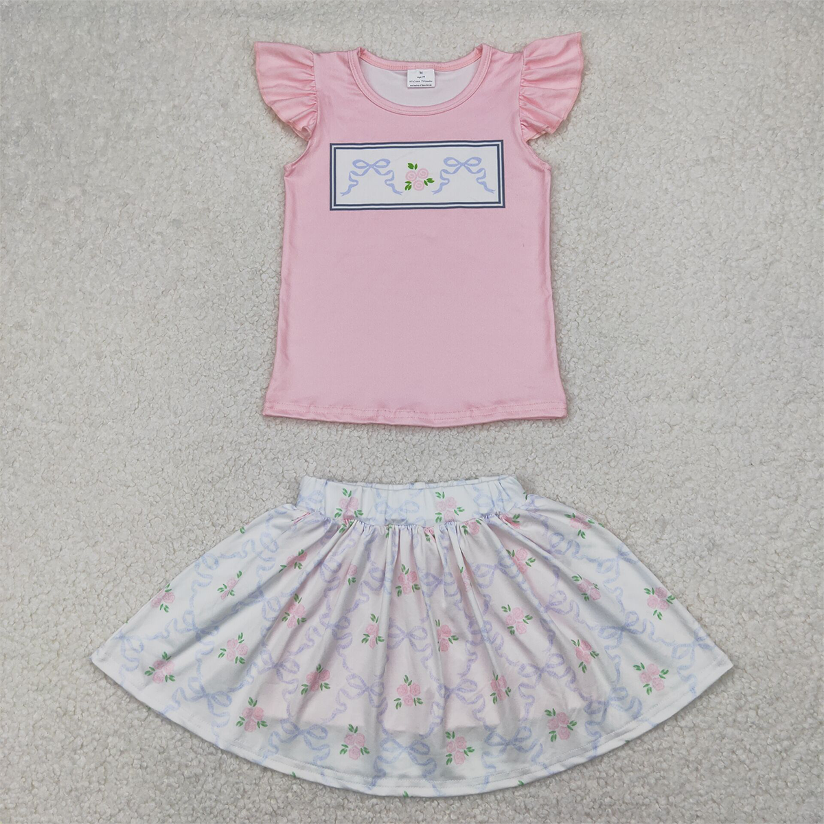 RTS NO MOQ Baby Girls Summer Sets GSD2298 Green Pink Flutter Sleeves Bows Floral Top Skorts Sets
