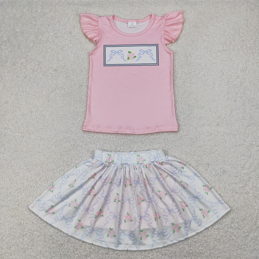 RTS NO MOQ Baby Girls Summer Sets GSD2298 Green Pink Flutter Sleeves Bows Floral Top Skorts Sets