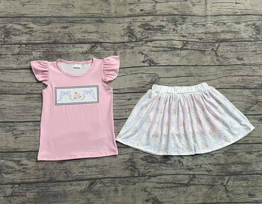 3.29 GSD2298 Baby Girls Green Pink Flutter Sleeves Bows Floral Top Skort Set Pre order