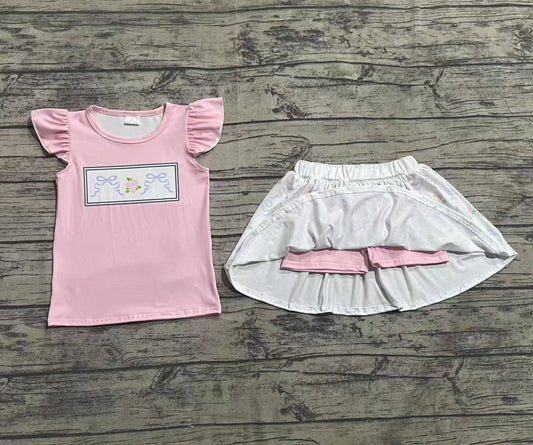3.29 GSD2298 Baby Girls Green Pink Flutter Sleeves Bows Floral Top Skort Set Pre order