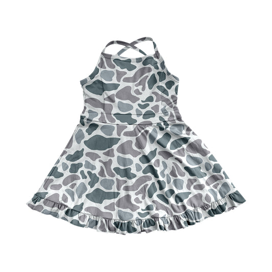 4.9 GSD2308 Baby Girls Strap Gray Camo Yoga Ruffle Knee Length Dresses Pre order