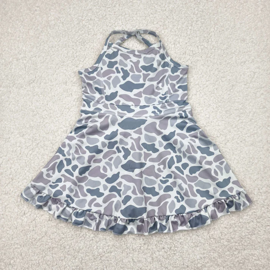 RTS NO MOQ Summer Sibling Baby Girls Strap Western Camo Print Yoga Activity Wear Ruffle Knee Length Dresses