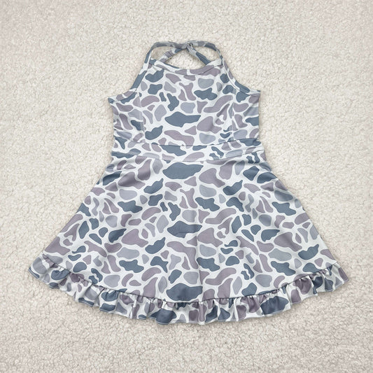 RTS NO MOQ Summer Baby Girls Dresses GSD2308 Strap Gray Camo Yoga Ruffle Knee Length Dresses
