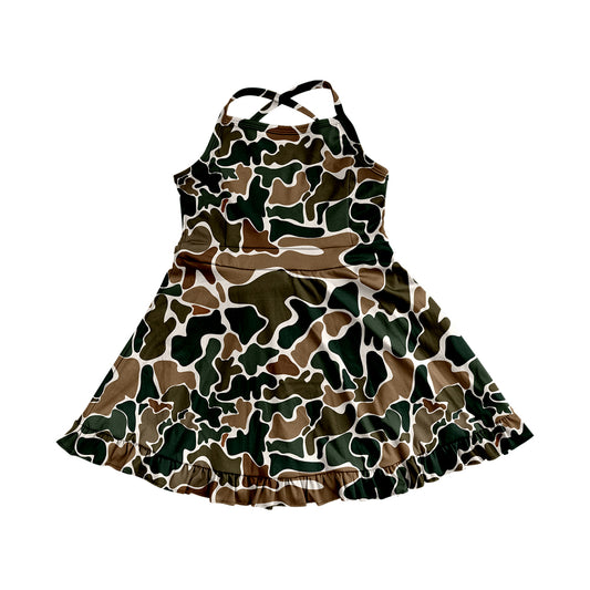 4.9 GSD2309 Baby Girls Strap Dark Brown Camo Yoga Ruffle Knee Length Dresses Pre order