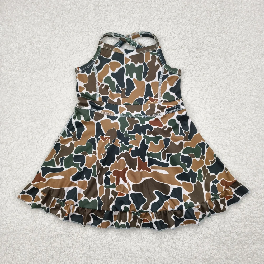 RTS NO MOQ Summer Sibling Baby Girls Strap Western Camo Print Yoga Activity Wear Ruffle Knee Length Dresses