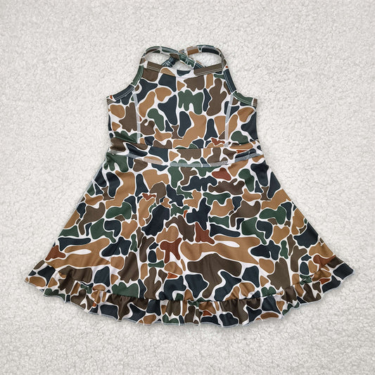 RTS NO MOQ Summer Baby Girls Dresses GSD2309 Strap Dark Brown Camo Yoga Ruffle Knee Length Dresses