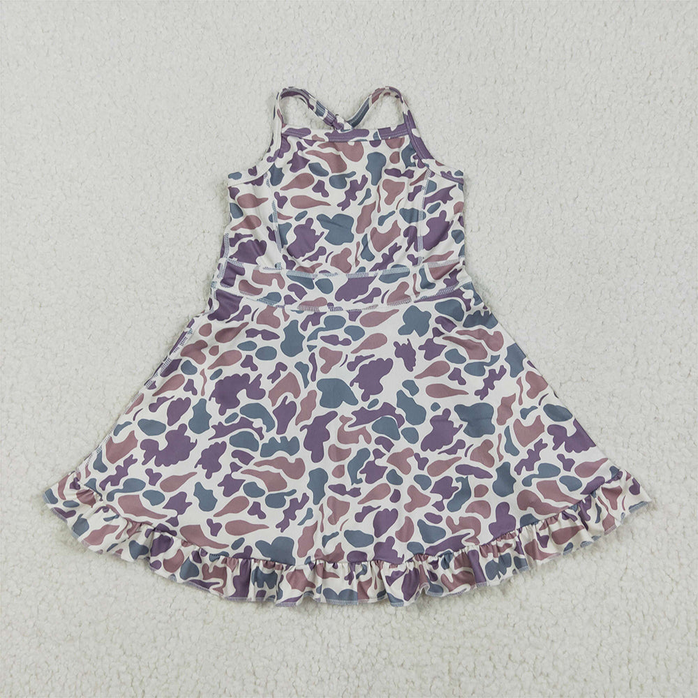 RTS NO MOQ Summer Baby Girls Dresses GSD2310 Strap Purple Camo Yoga Ruffle Knee Length Dresses