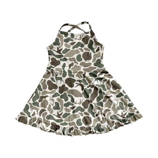 4.9 GSD2311 Baby Girls Strap Green Deer Dogs Ducks Camo Yoga Ruffle Knee Length Dresses Pre order