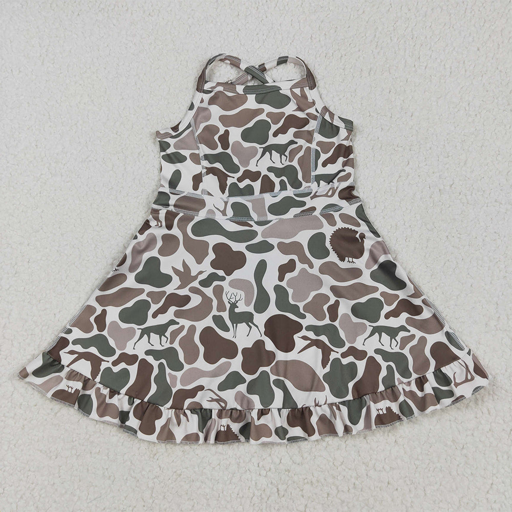 RTS NO MOQ Summer Baby Girls Dresses GSD2311 Strap Green Deer Dogs Ducks Camo Yoga Ruffle Knee Length Dresses