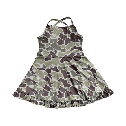 4.9 GSD2312 Baby Girls Strap Purple Camo Yoga Ruffle Knee Length Dresses Pre order