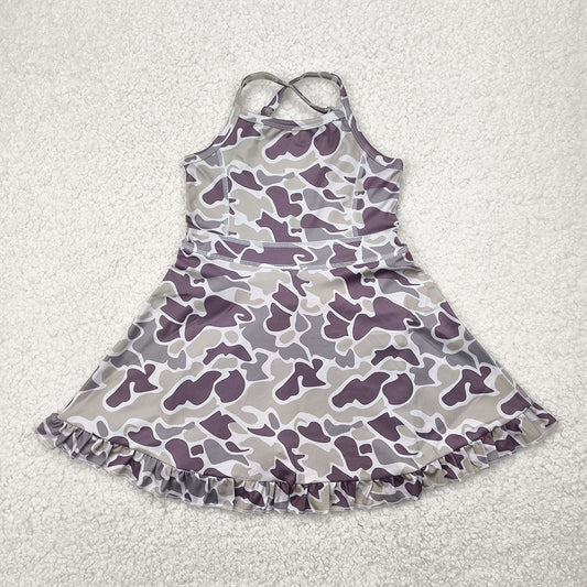 RTS NO MOQ Summer Baby Girls Dresses GSD2312 Strap Camo Yoga Ruffle Knee Length Dresses