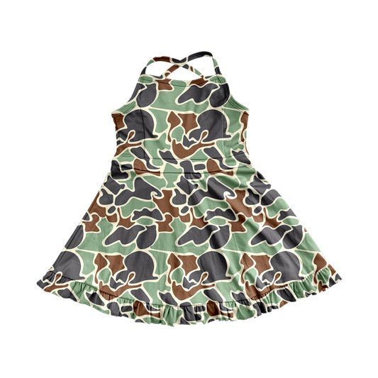 4.9 GSD2313 Baby Girls Strap Green Camo Yoga Ruffle Knee Length Dresses Pre order