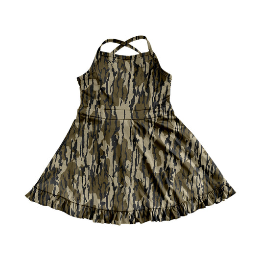 4.9 GSD2314 Baby Girls Strap Olive Bottomland Camo Yoga Ruffle Knee Length Dresses Pre order
