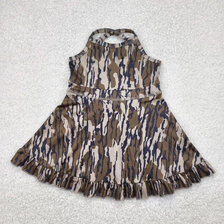 RTS NO MOQ Summer Sibling Baby Girls Strap Western Camo Print Yoga Activity Wear Ruffle Knee Length Dresses