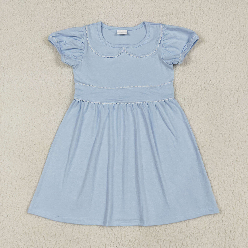 6.28 RTS NO MOQ Summer Baby Girls Dresses GSD2316 Blue Short Ruffle Sleeves Knee Length Dresses