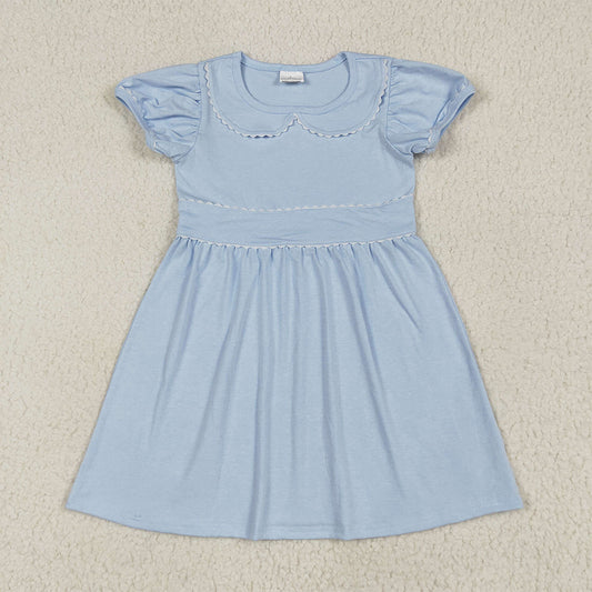 6.28 RTS NO MOQ Summer Baby Girls Dresses GSD2316 Blue Short Ruffle Sleeves Knee Length Dresses