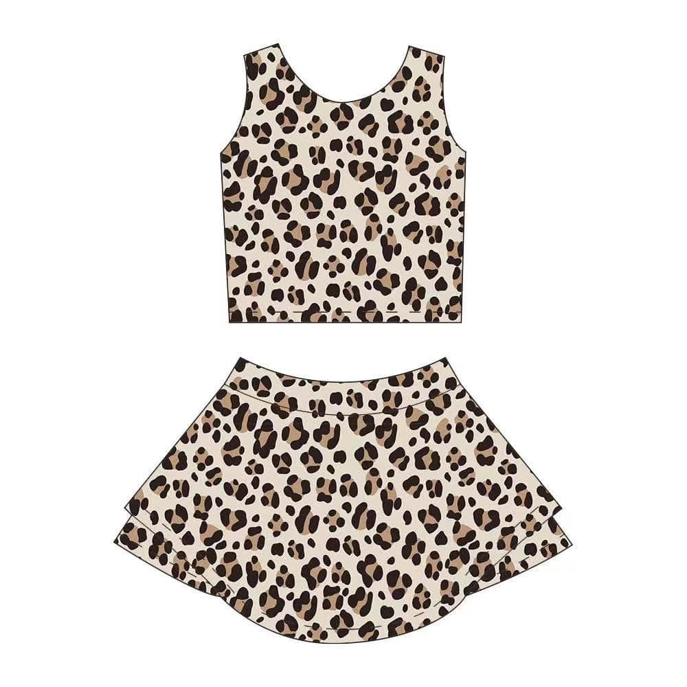 4.3 GSD2327 Sleeveless leopard top skirt kids girls active wear set Pre order