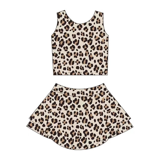 4.3 GSD2327 Sleeveless leopard top skirt kids girls active wear set Pre order
