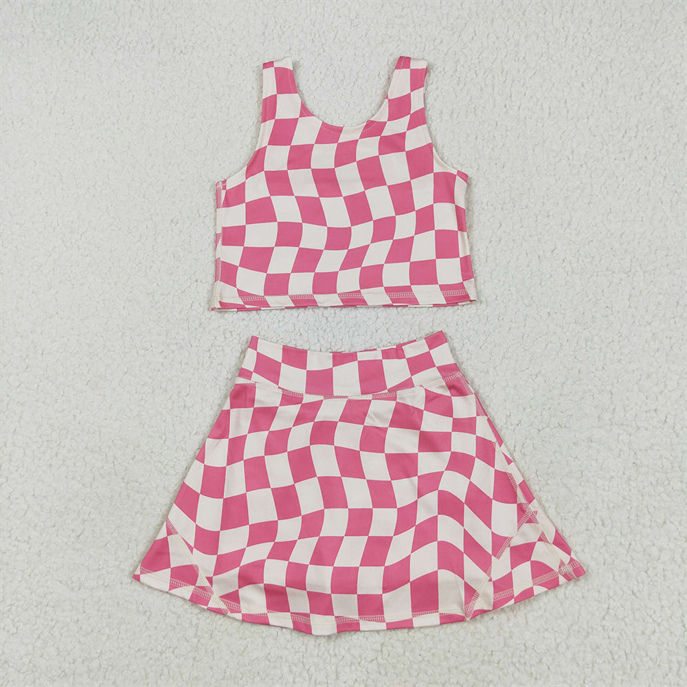 5.13 RTS NO MOQ Baby Girls Summer Kids Sets GSD2329 Sleeveless Pink Plaid Top Skort Yoga Sets
