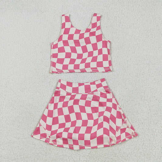5.13 RTS NO MOQ Baby Girls Summer Kids Sets GSD2329 Sleeveless Pink Plaid Top Skort Yoga Sets