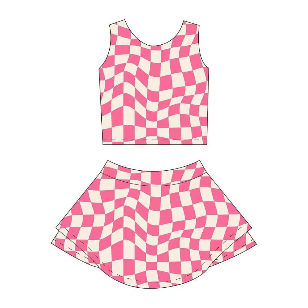 4.3 GSD2329 Sleeveless pink plaid top skirt kids girls active wear set Pre order