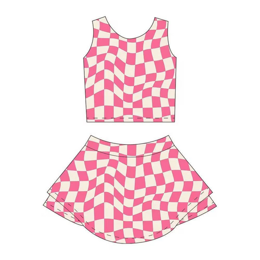 4.3 GSD2329 Sleeveless pink plaid top skirt kids girls active wear set Pre order